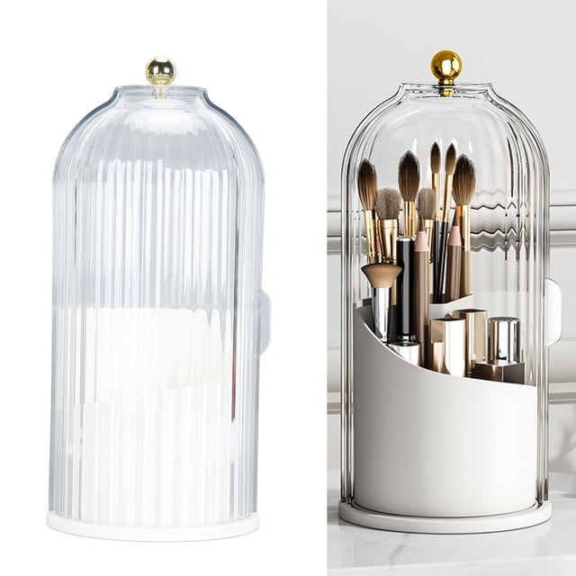 Makeup Brush Holder With Transparent Lid, 360 Degree Rotating Design And Divided Compartments For Vanity, Bathroom Countertop, Clear Dustproof Organizer