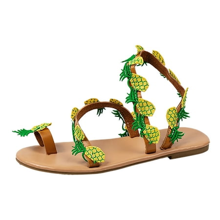 

Women Summer Pineapple Decoration Flock Slip On Casual Open Toe Flat Soft Bottom Breathable Shoes Sandals