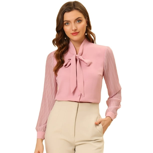 Women's Tie Neck Chiffon Long Sleeve Shirt Blouse Pink XL - Walmart.ca