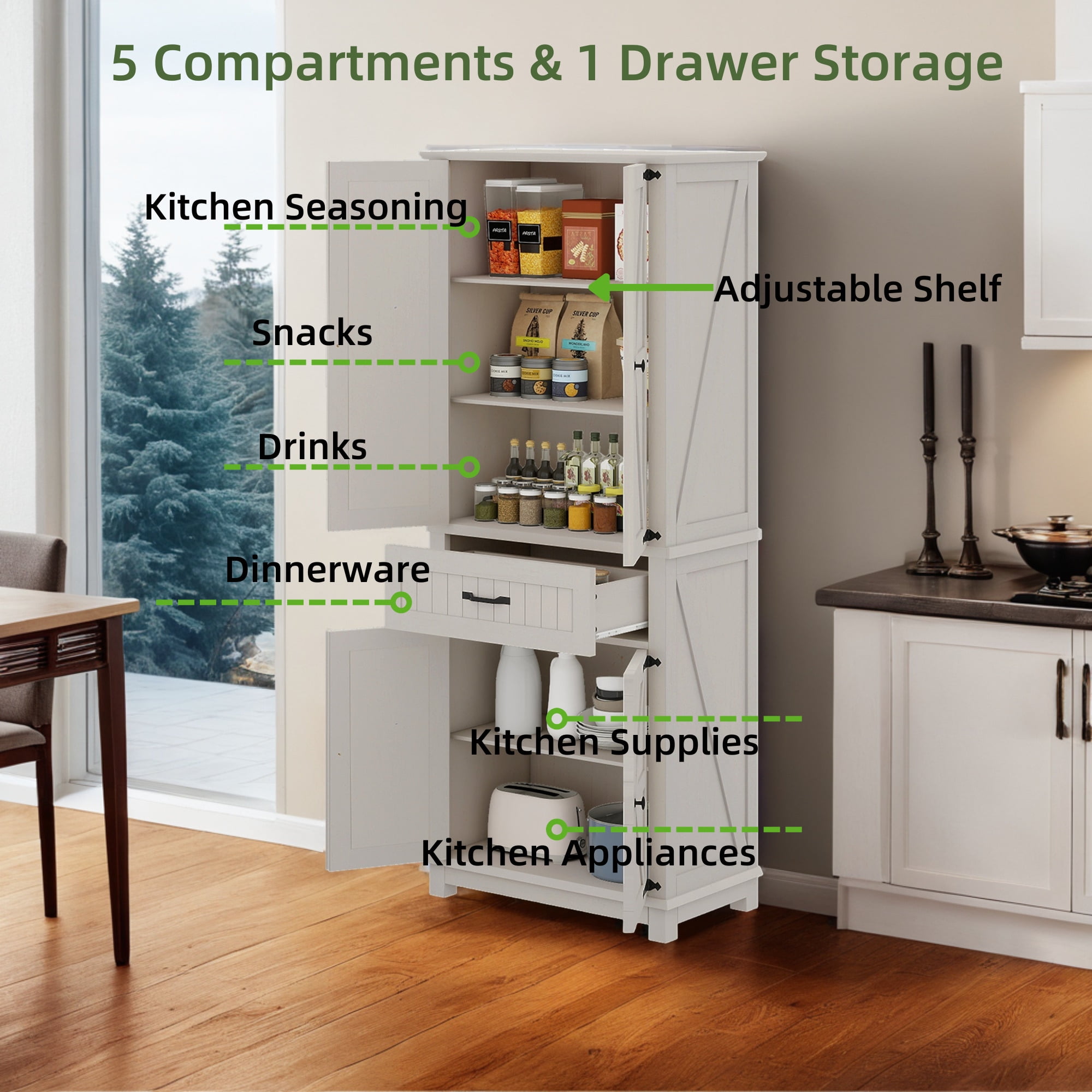 Uforic Farmhouse Kitchen Pantry Storage Cabinet with Doors and Drawer, White