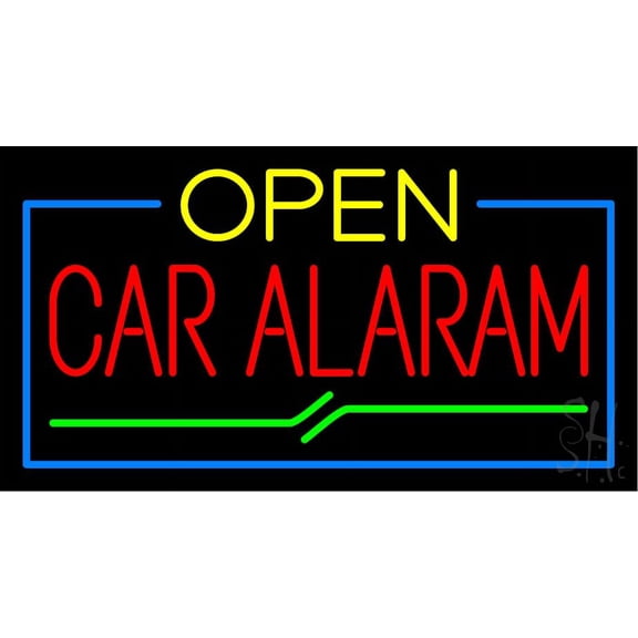 Yelllow Open Car Alarm LED Neon Sign 13 x 24 - inches, Clear Edge Cut Acrylic Backing, with Dimmer - Bright and Premium built indoor LED Neon Sign for Computer & Electronics store decor.