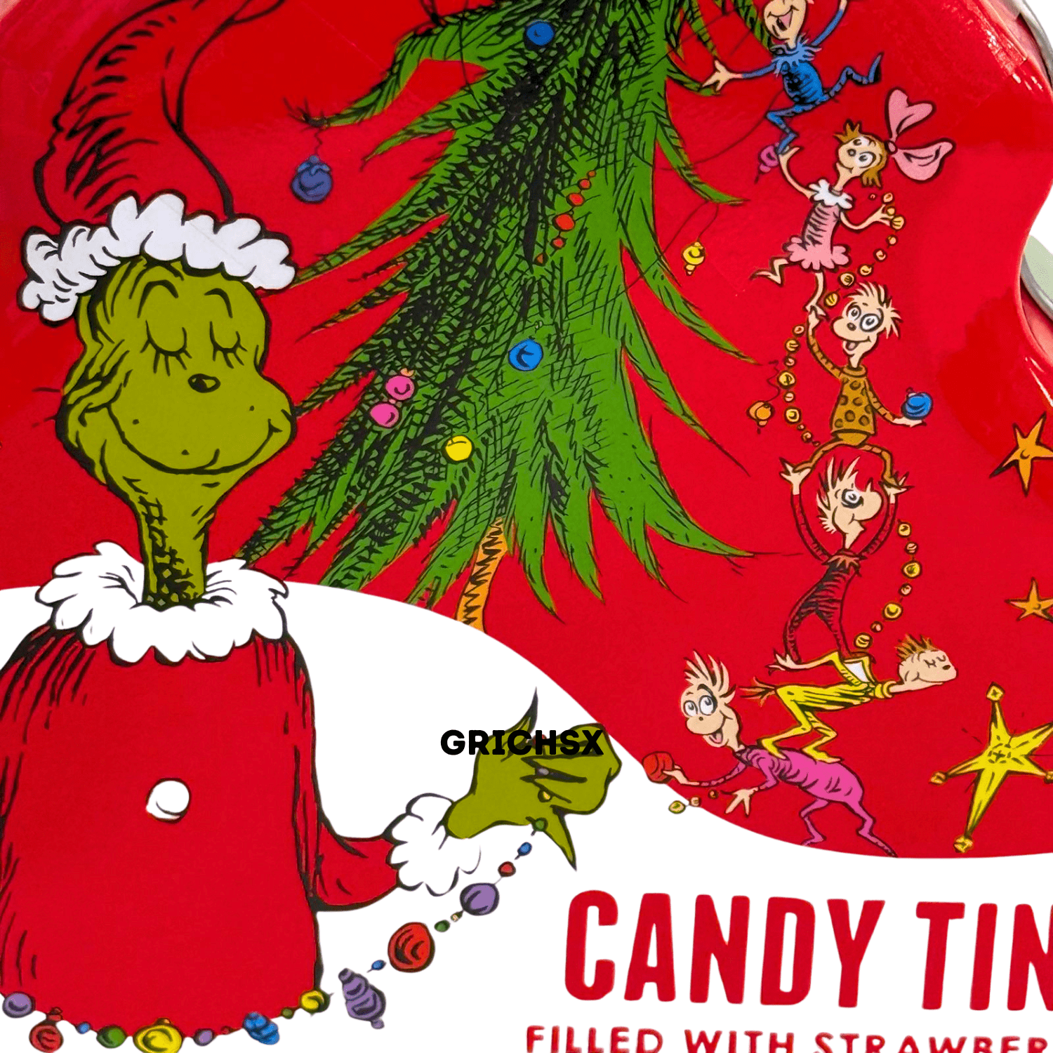 The Grinch Christmas Tree Tin with Strawberry and Green Apple Sour Star Candies, 5 oz