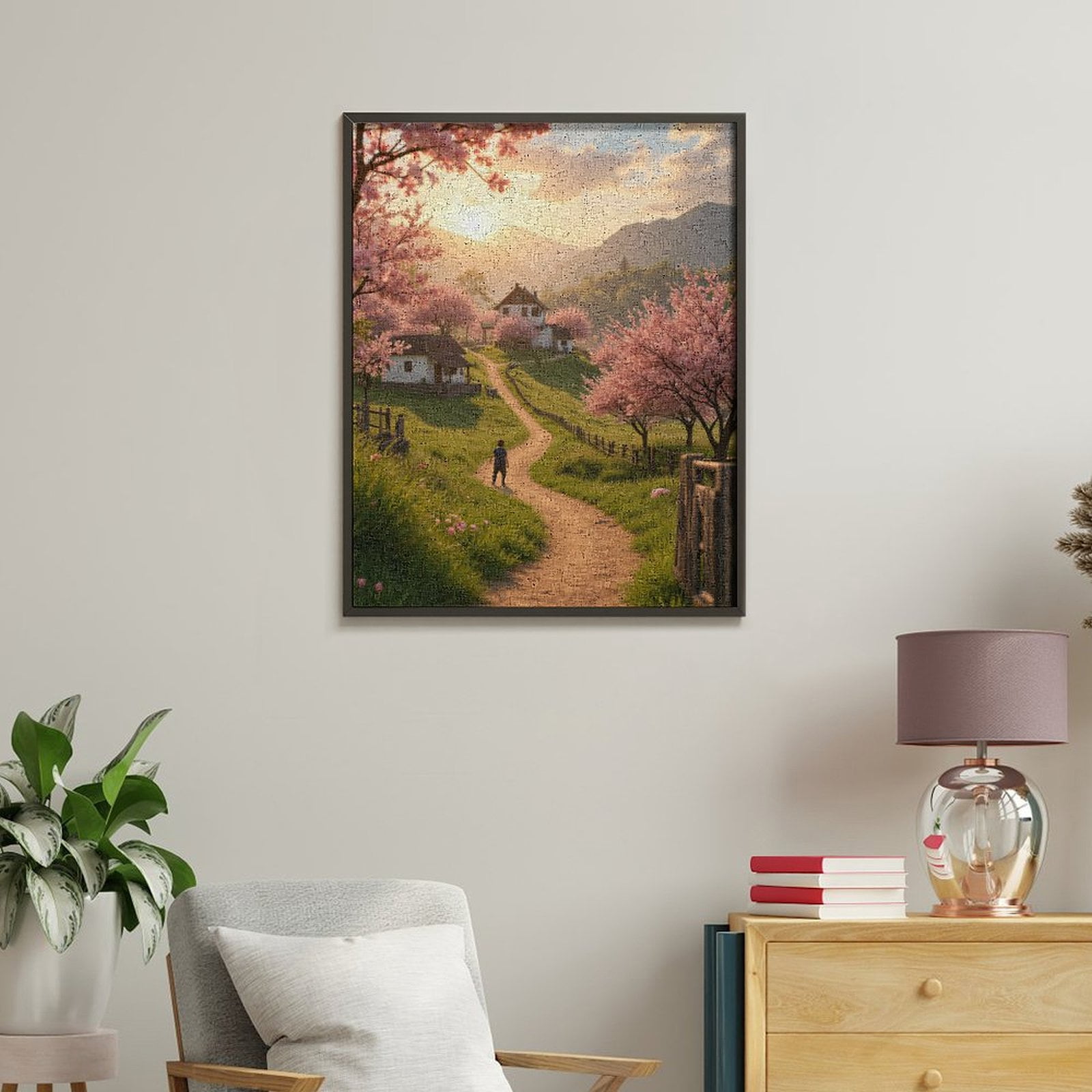 Paint By Numbers Kit for Adults Beginner - Pastoral Sunrise Cherry Blossoms Path DIY Canvas Painting Kits for Adults, Frameless Paint By Number for Adults for Home Wall Decor 16x20 Inch