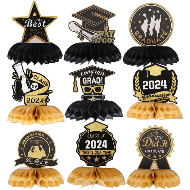 KAKOWELY 9 piezas de decoraciones para fiesta de graduación, centros de mesa de panal para la temporada de graduación, decoración de mesa de graduación