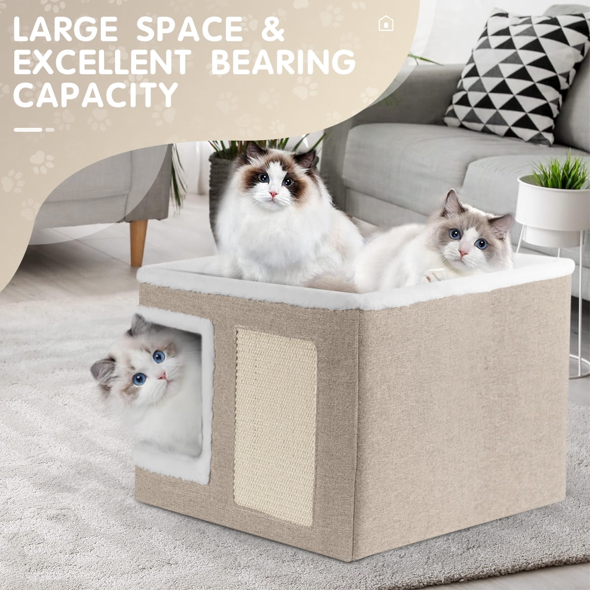 HDJ Indoor Pet Bed for Cats, Covered Foldable Kennel Bed with Scratching Board, Suitable for Many Small Pets, Light Gray