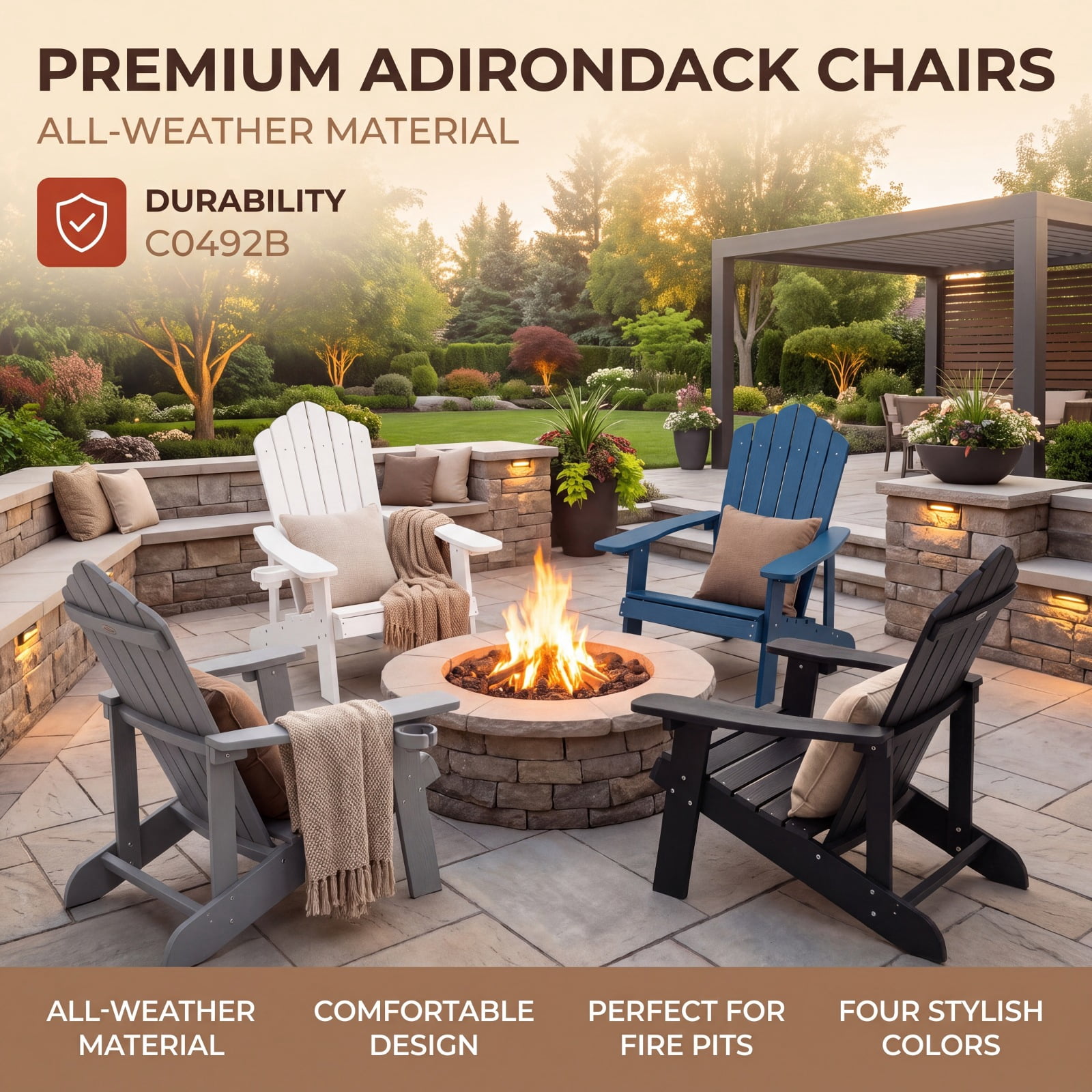 Furnibear Weather Resistant HIPS Outdoor Adirondack Chair with Hidden Cup Holder and High Backrest for Garden Patio and Poolside, Gray