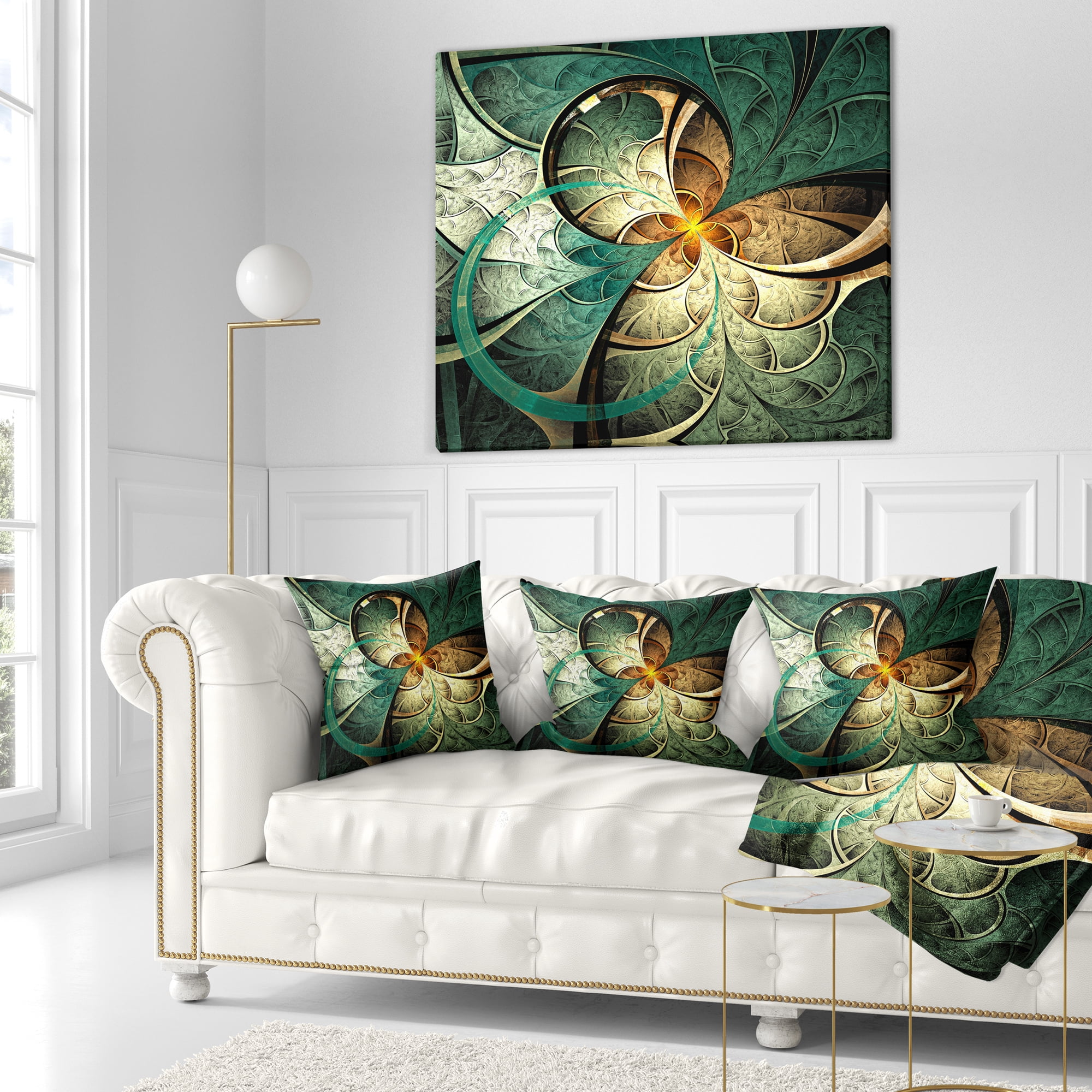 Designart Dark Yellow Green Fractal Flower - Abstract Throw Pillow - 16x16