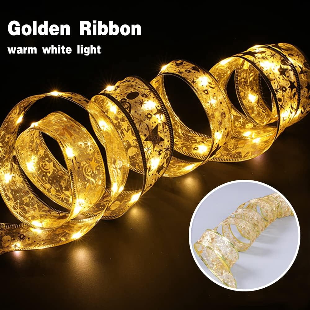 LINLIN Christmas Ribbon Lights, 13ft 40 Light Gold Warm Christmas Fairy Light Xmas String Light Up Ribbon Bows for Indoor Christmas Holiday Party Decoration Supplies