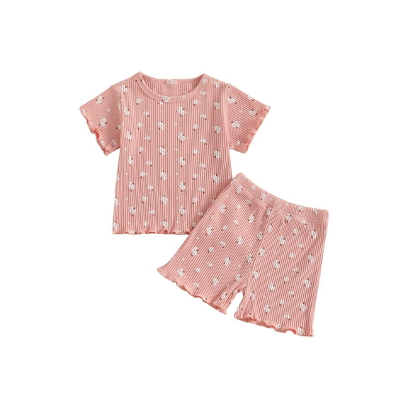 Toddler Baby Kids Girls Summer Outfit 6 12 18 24 Months 2T 3T 4T Lettuce Trim Floral Print Ribbed Short Sleeve T-Shirt and Elastic Shorts Set 2 Piece Clothes