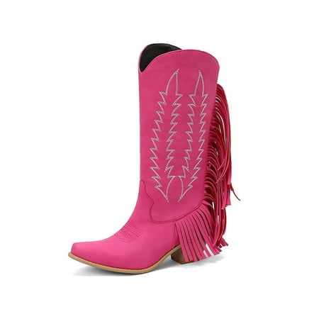 

Ferndule Womens Chunky Heel Tassel Boots Work Non-Slip Wide-Calf Vintage Western Boot Dark Pink 9