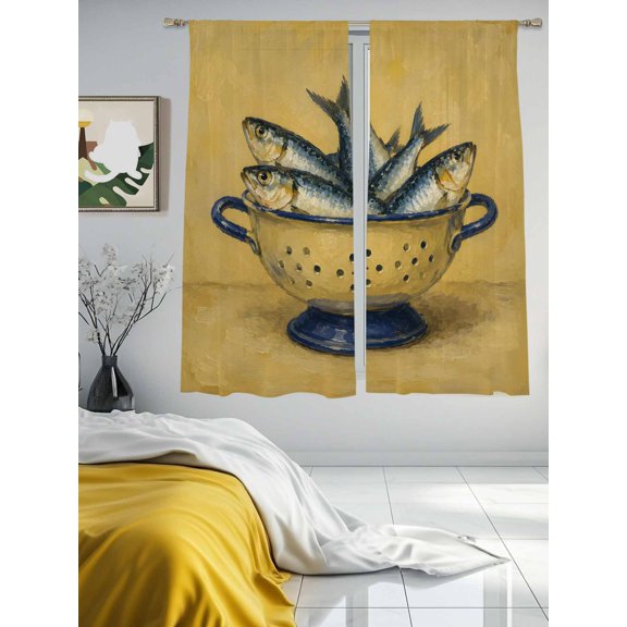 Coastal Nautical Sardine Fish Sheer Curtains 2 Panels Set Ombre Yellow Lihgt Filtering Rod Pocket Voile Drape,Semi Sheer Window Curtains for Bedroom Living Room,52"x63"