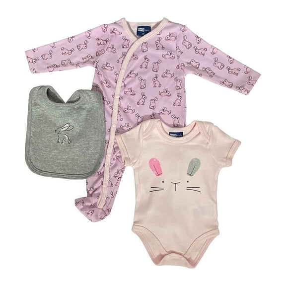 Conjunto 725 Baby Niña Talla 12 Meses Pañalero Mameluco y Babero Conejitos Rosa 3 Piezas