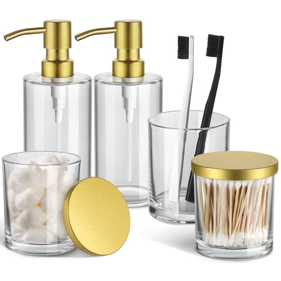 GM GMISUN Glass Bathroom Accessories Set 5Pcs with Soap Dispenser,Toothbrush, Qtip,Cotton Holder