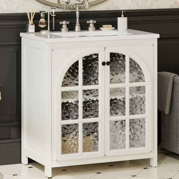 Euroco 31" Farmhouse Bathroom Vanity with Ceramic Sink, Vintage Rustic Bathroom Cabinet with Bronze Pulls and 2 Soft-Closing Doors, Antique White