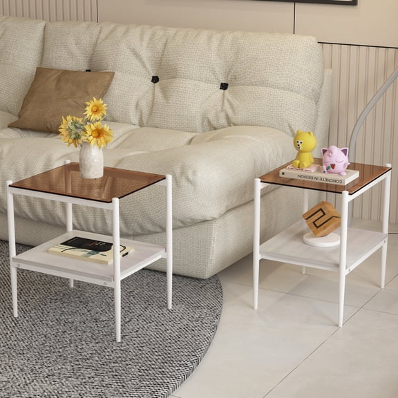 Oufan Set of 2 Rectangle End Table, Tempered Glass Tabletop, Nightstand with 2-Layer Storage Shelves for Small Spaces, Living Room, Brown White