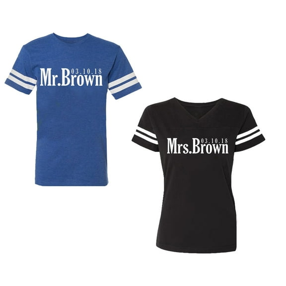 Mr. Mrs. Brown Unisex Couple Matching Cotton Jersey style T-Shirt Contrasting stripes on sleeves (Men Royal / Women Black) (Men S / Women S)