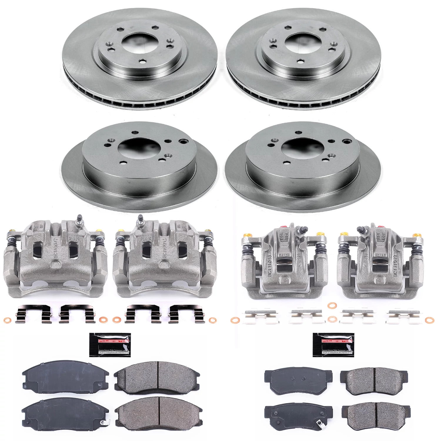PowerStop Front and Rear Stock Replacement Brake Pad and Rotor Kit with Calipers Fits: HYUNDAI Select Models KCOE4446