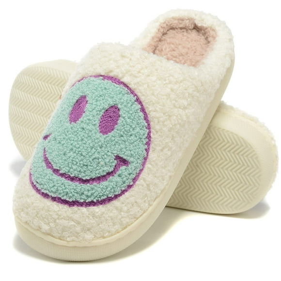 Chaussons Rétro Visage Pelucheux pour Femmes Hommes Rétro Doux Moelleux Chaud Maison Antidérapant Style Couple Décontracté Chaussons Visage Souriant Intérieur Extérieur Antidérapant Chaud Confortable Mousse Pelucheux avec Mousse à Mémoire de Forme