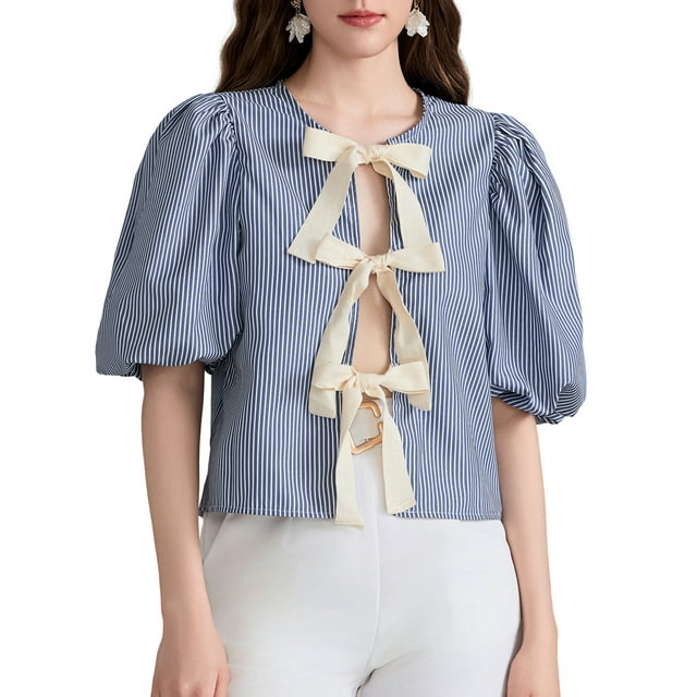 Gupgi Chemise à Rayures Bleues pour Femmes Manches Courtes Bouffantes Nœud devant Blouses Amples