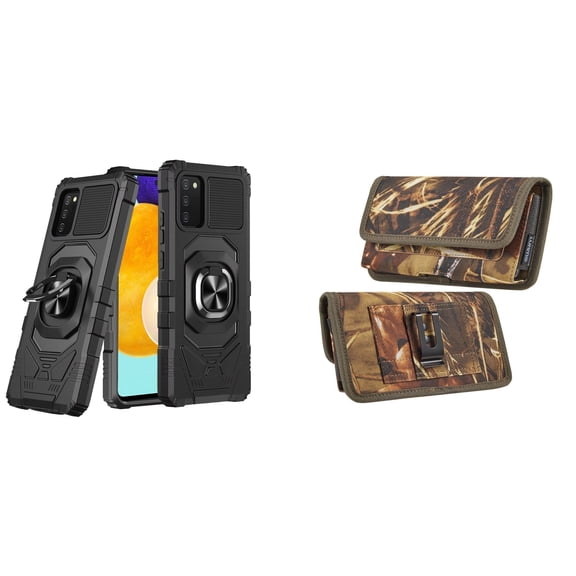 Case with Belt Holster Bundle for Samsung Galaxy A03s: Heavy Duty Series Protection Cover (Black) and Rugged Denim Nylon Phone Pouch (Tan Brown)