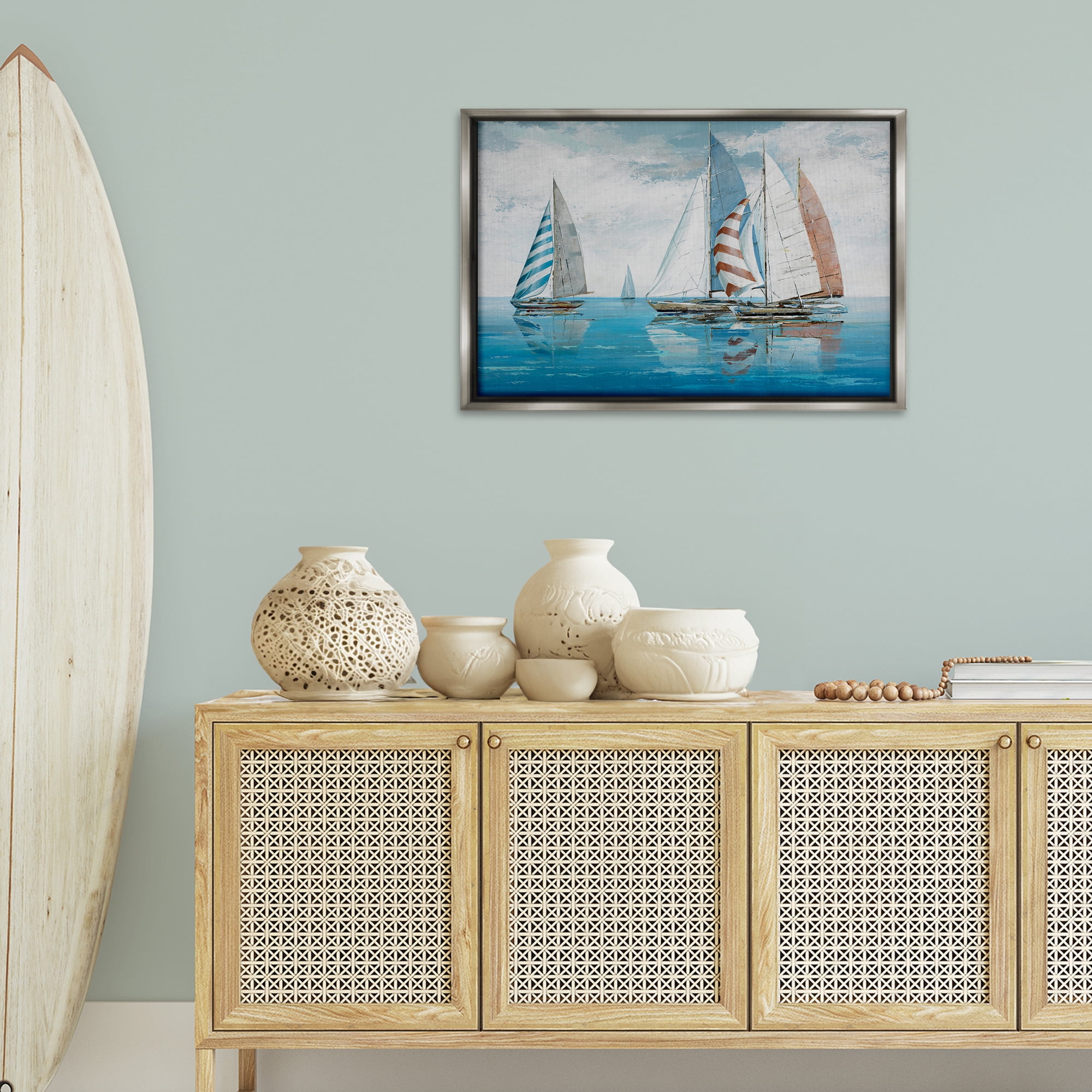 Stupell Industries Maritime Ocean Yachts Nautical & Beach Painting Gray Floater Framed Canvas Art Print Wall Art, 31 x 21