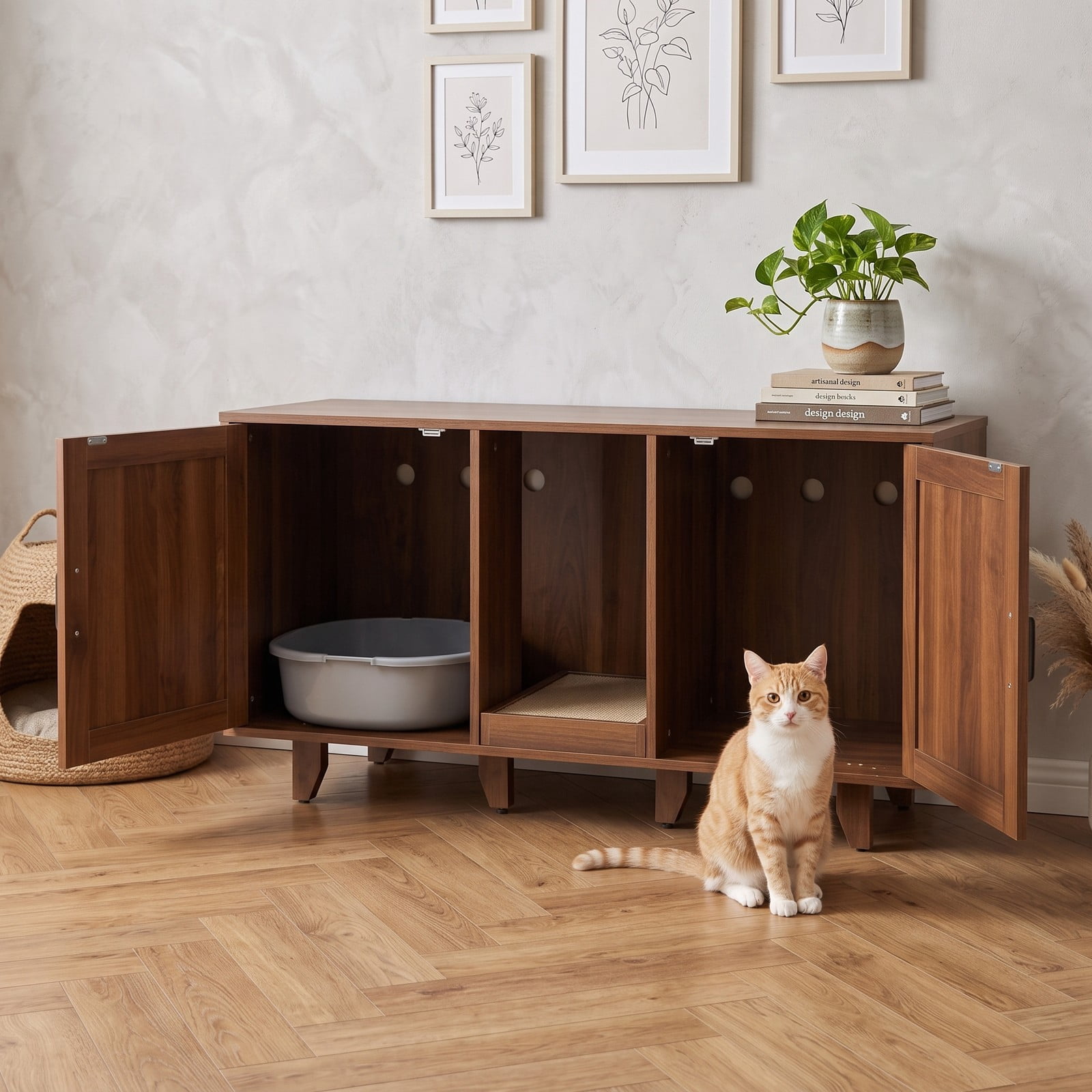 ALPULON Patented 2-Door Cat Litter Box Enclosure Hidden Cat House with Winding Entry, Scratching Board & Magnetic Doors, Wooden Cat Washroom Side Table TV Stand, Brown