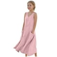 thumbnail image 2 of Luxalzxs Girls Summer Dress Trendy Casual Linen Sleeveless Crewneck Tank Dress Midi Sundresses Vacation Beach Swing Dress with Pockets 5-16 Years, 2 of 9