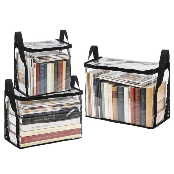 3 Pcs Plastic Storage Boxes with Lid, 3 Sizes Transparent Book Organizer for Shelvesz, Portable Book Storage Box with Handles and Zippers for Magazines, Documents, Toys, and Textiles Organization
