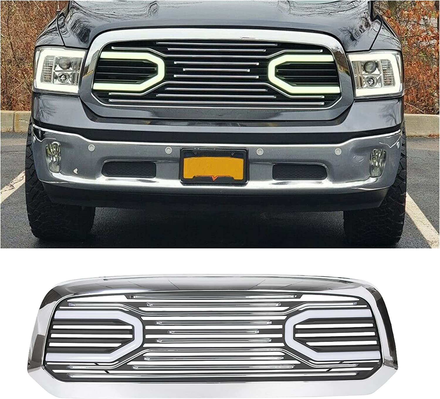 ECOTRIC Front Big Horn Grille Replacement Shell Compatible with 2006 2007  2008 2009 Dodge RAM 1500 2500 3500(W/Light, Black) 並行輸入品