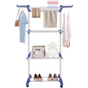 Clothes Drying Rack, Folding Stainless Steel Drying Rack Clothing Indoor Outdoor, Space-Saving, 4 Tier Laundry Drying Rack with Two Side Wings Grey Blue