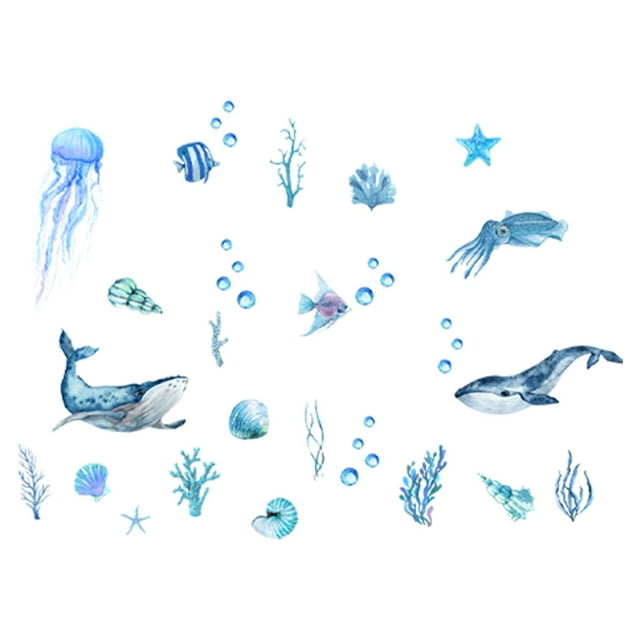 Calcomanías de pared con algas marinas bajo el mar, calcomanías de pared con tortugas marinas, calcomanías de arte de pared extraíbles con temática oceánica para baños