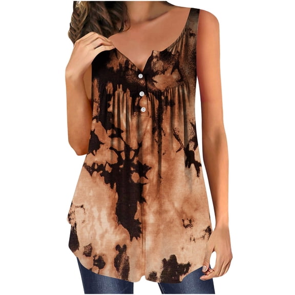 Wycnly Tank Top for Women Floral Print Summer V-Neck Sleeveless T Shirts Button Pleated Swing Tunic Blouses Breathable Henley Shirts Vest Brown s Under $5