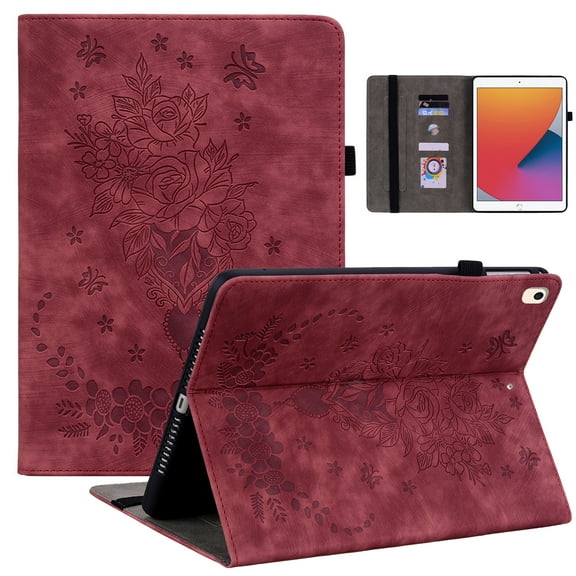 SaniMore Case for iPad 10.2 inch 9th/8th/7th Generation (2021/2020/2019), Auto Sleep/Wake Anti-slip Grooves Kickstand [Pencil Holder Card Slots] Embossed Rose PU Leather Shockproof Wallet Shell, Red