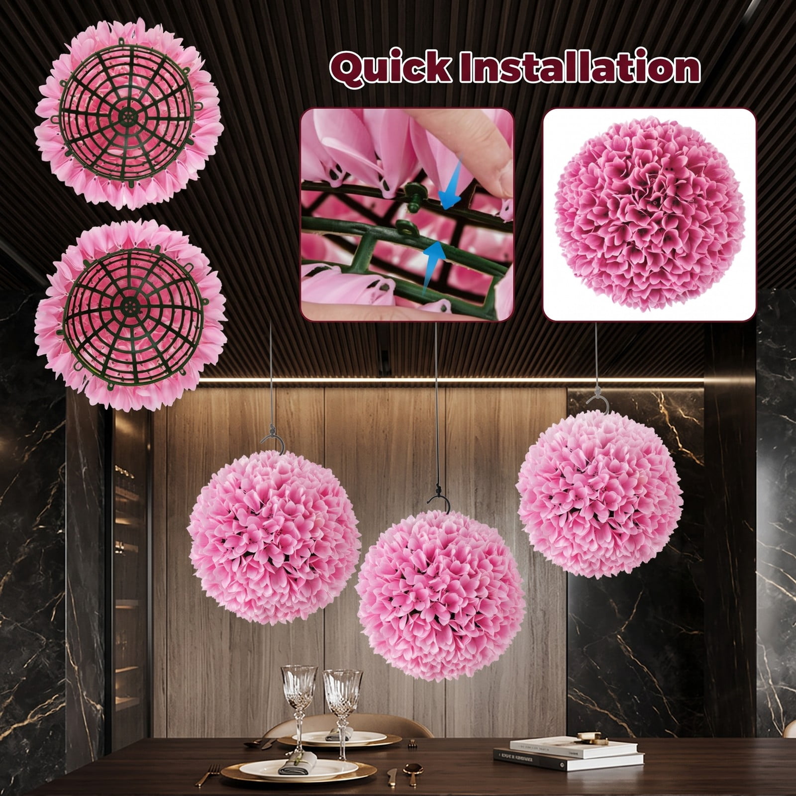 ALPULON Set of 2 Pink Artificial Topiary Balls, 11 Inch Lifelike PE Decorative Floral Spheres for Indoor Outdoor Porch Yard Home Wedding Decor