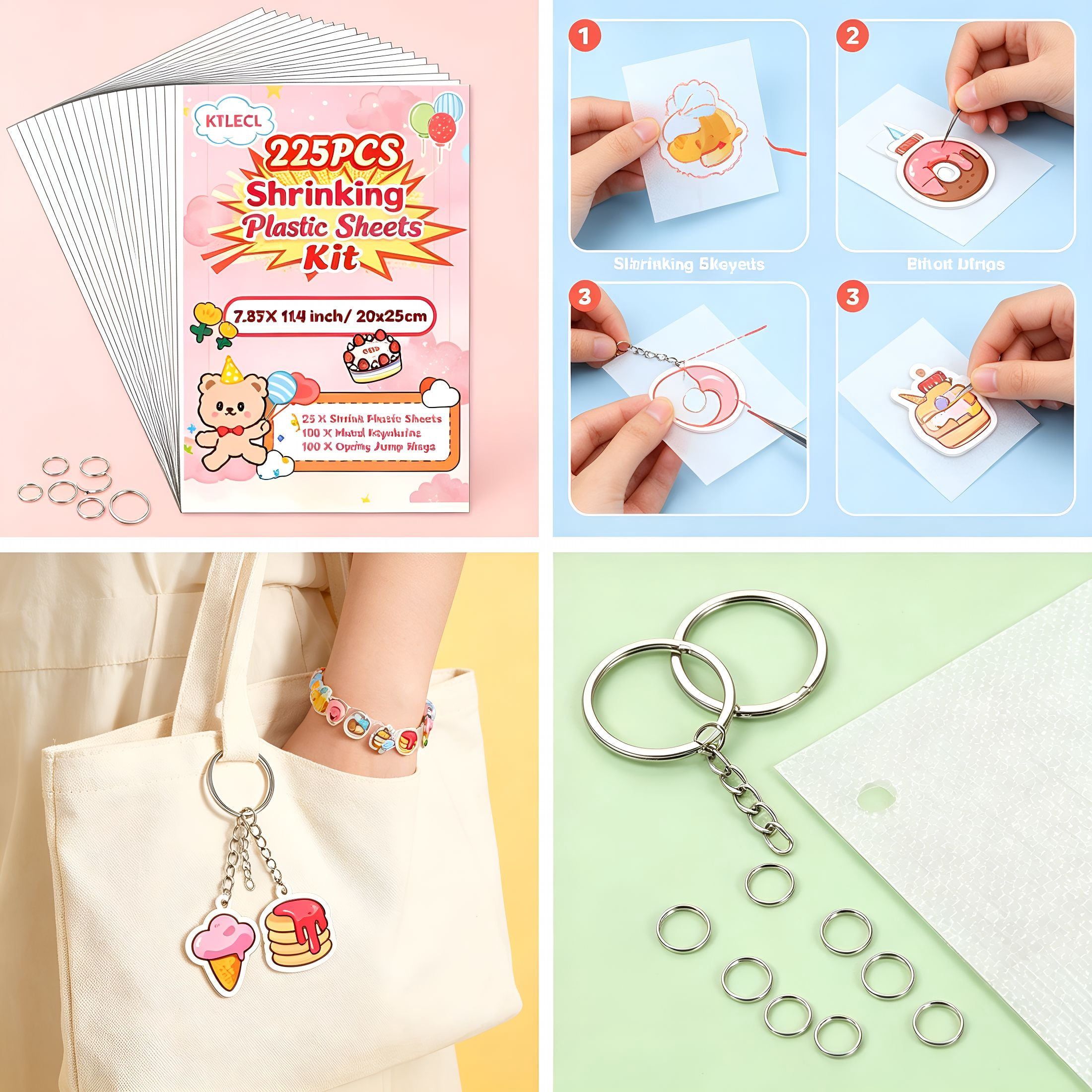 BESTSKY 225Pcs Shrinky Dink Kit for Kids,Shrinky Dink Sheets & Shrink Plastic Sheets Kit with 25 Paper (7.87 X 11.4In),Keychain Making Kit with 100 Keychains & Rings,Diy Crafts for Kids