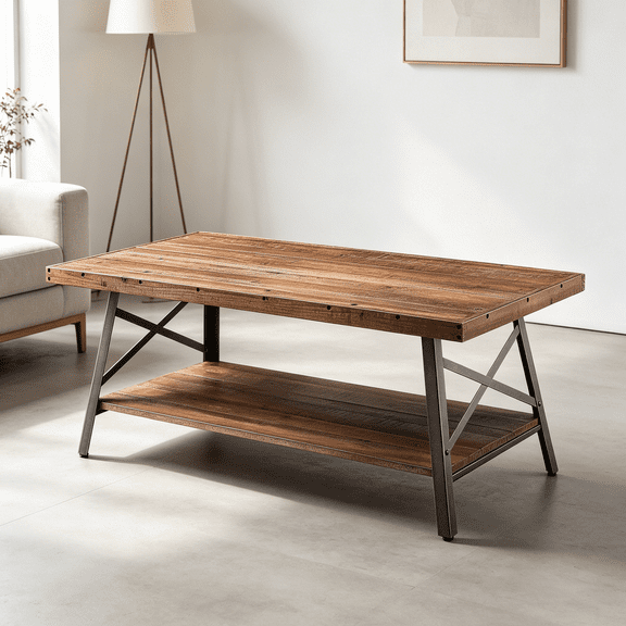 Modern Farmhouse Lift Top Coffee Table, Weathered Oak Finish with X Design and Storage Shelf