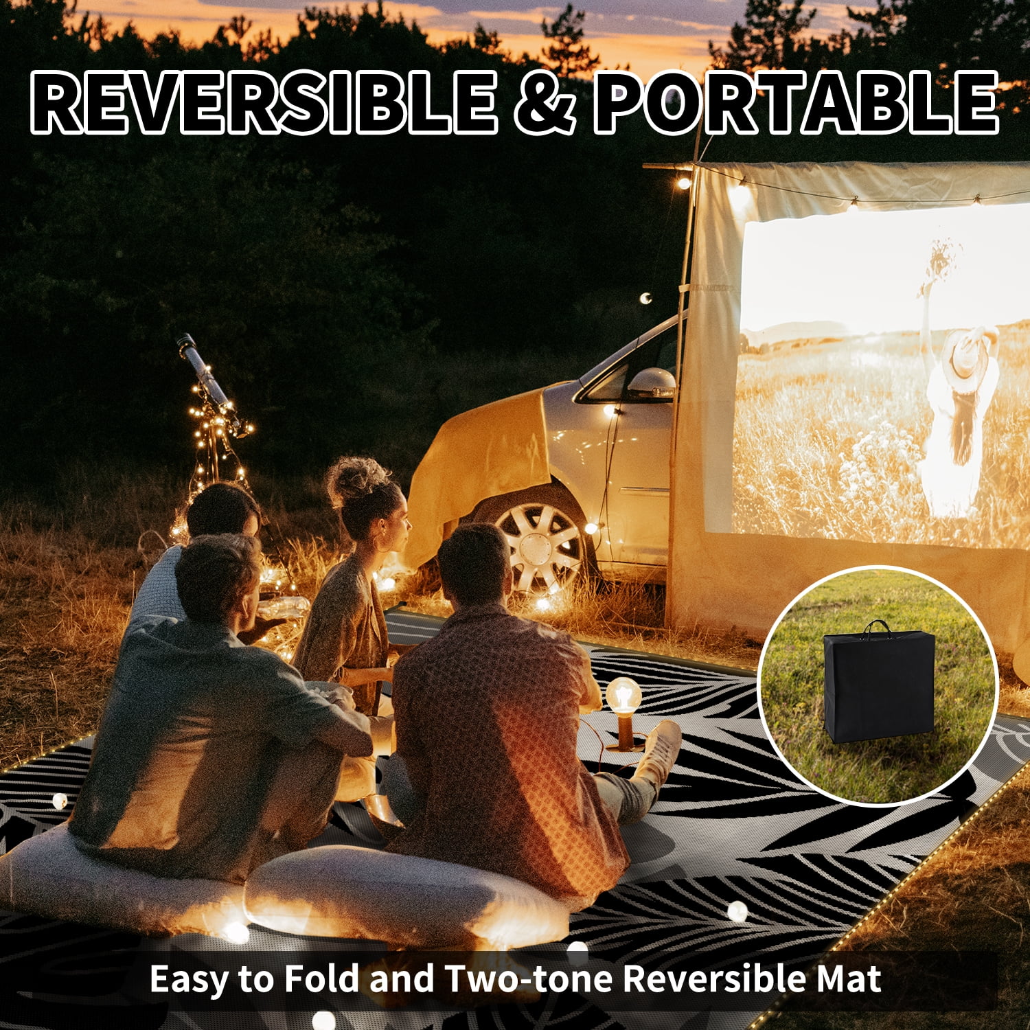 VUNATE Outdoor Rug with LED Strip Lights 10'x14' Waterproof Reversible Patio Rug Plastic Straw Lightweight Indoor Outdoor Rug for RV Camping Deck Balcony Tropical Porch Decor Dark Gray and Black