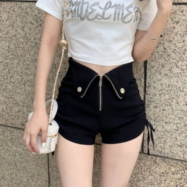 Pantalones anchos negros para niñas, pantalones cortos con cordón y cintura alta para mujer, pantalones cortos casuales con cremallera y corte en A