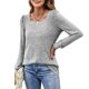 thumbnail image 3 of Camiseta gris plisada informal para el trabajo y las compras, talla M Elegante blusa de manga larga con cuello cuadrado, 3 of 7