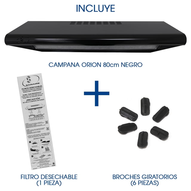 COMBO CAMPANA ORION 80CM NEGRO CON FILTRO ATRAPAGRASA EXTRA Y BOLSITA DE BROCHES DE REPUESTO SANAIRE SANAIRE COMB-ORI80NE-FILDES-BROSTD