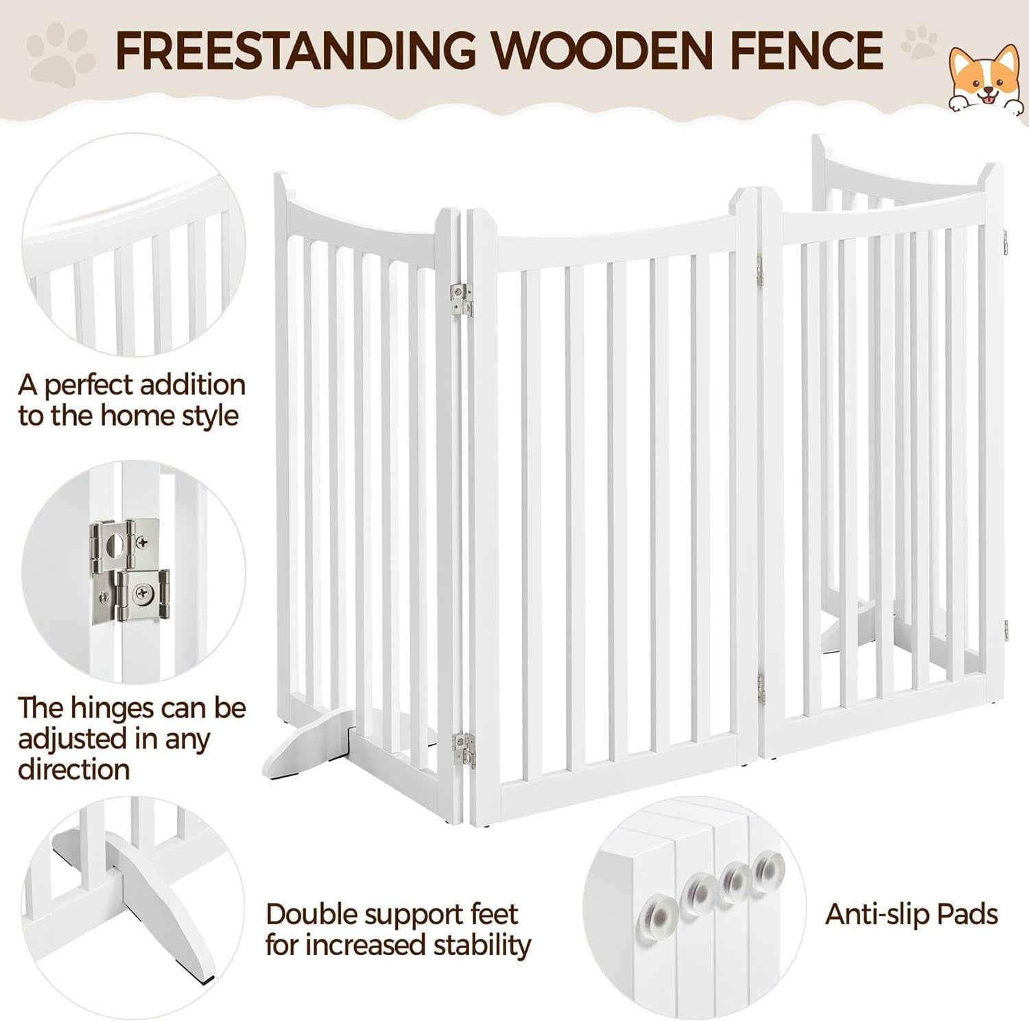 36" H Extra Tall Freestanding Pet Gate 4-Panel Wooden Dog Fence with 2 Support Feet Folding Dog Gate for Indoor, Stairs, Doorways, Halls, Kitchen Wooden Pet Barrier White, 79.5" L x 36" H