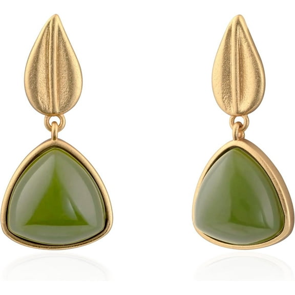Gold Plated Natural Green Jade Earrings Elegant Triangle Birthstone Earrings with Gold Leaf Stud Earrings for Women Trendy Hypoallergenic Jade Jewelry for Gift