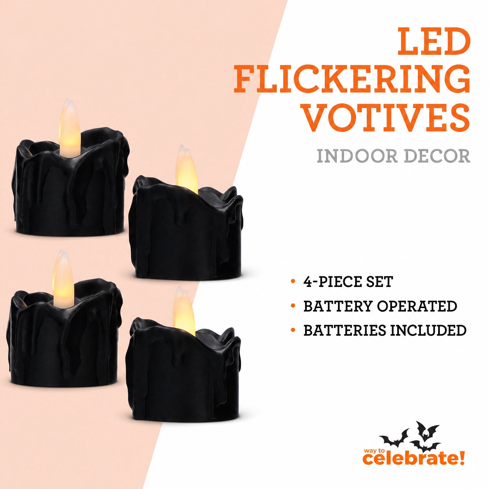 Battery-Operated LED Flickering Votives, Black, 4 Count, Halloween by Way To Celebrate