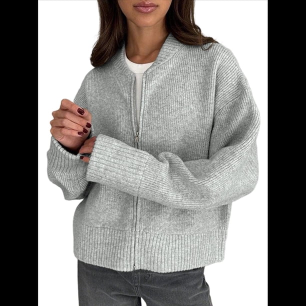 Suéter Tipo Cárdigan de Punto Grueso con Cremallera para Mujer, Abrigo de Otoño con Mangas Largas y Abertura Frontal de Punto Acanalado Gris L