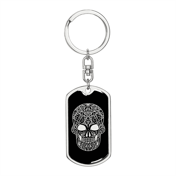 Calavera Mexican Sugar Skull 126 Stainless Steel or 18k Gold Premium Swivel Dog Tag Keychain