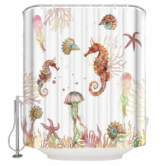 Fabric Shower Curtain, Summer Ocean Seahorse Jellyfish Seashell Starfish Coral Shower Curtains with 12 Hooks Waterproof Machine Washable Bath Curtains for Bathroom, 36 x 78in