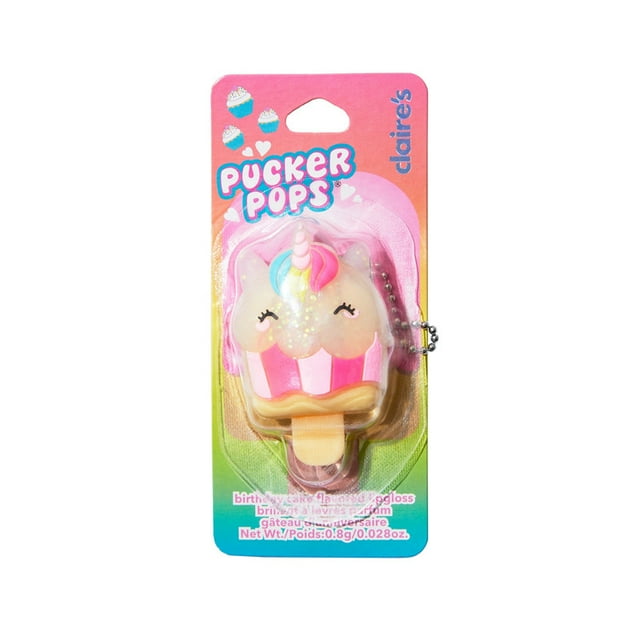 Claire's Pucker Pops Lips Gloss Unicorn Cupcake, Birthday Cake Flavor Gloss, 0.8g