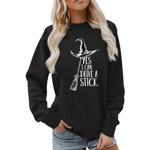 DHFJKG Womens Casual Swearshirts Halloween Letter Printed Loose Fit Versatile Long Sleeve Comfortable Pullover Plus Size Graphic Sweatshirt For Women