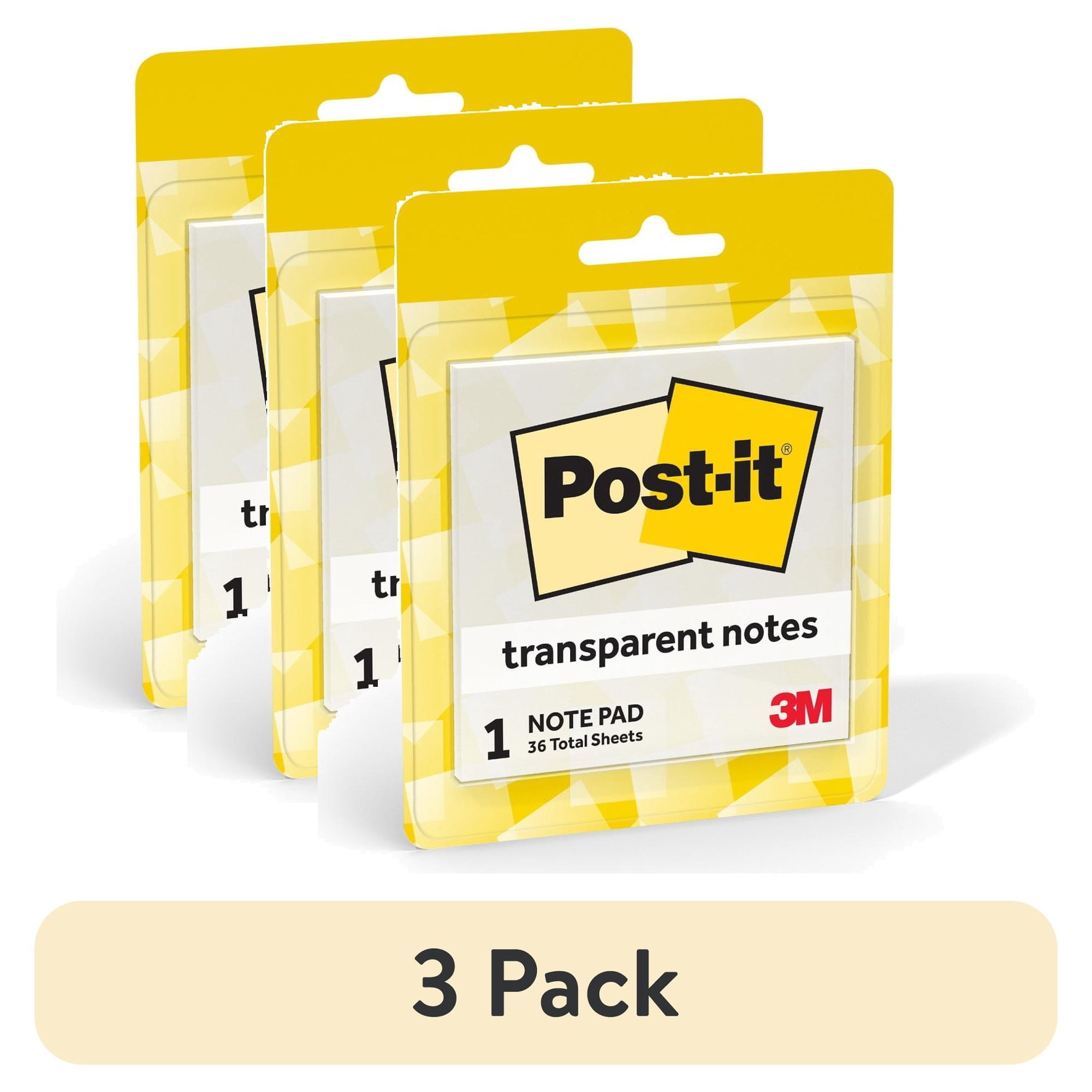 (3 pack) Post-it Transparent Notes, Clear, 2.8 in. x 2 .8 in., 36 Sheets, 1 Pad