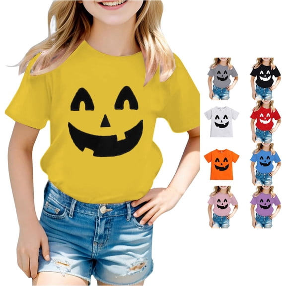 RUTAYY Girls Halloween Graphic T-Shirt Crew Neck Pumpkin Print Short Sleeve Casual Tee Yellow